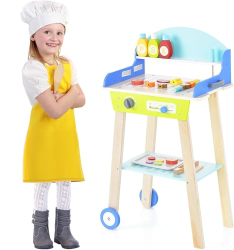 DREAMADE Kindergrill, BBQ Spielzeug mit 21 TLG. Zubehör, Kinderküche mit Grillzange & Gewürzen, Kinder Grill Holz mit Rädern für Kinder ab 3 Jahren von DREAMADE