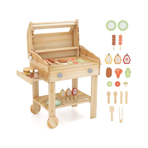 DREAMADE Kindergrill aus Holz, BBQ Grill Spielzeugset mit Grillwerkzeugen & Gewürzflaschen, Küchen-Rollenspielset mit 25 Zubehörteilen & Rädern, für Kinder ab 3 Jahren von DREAMADE