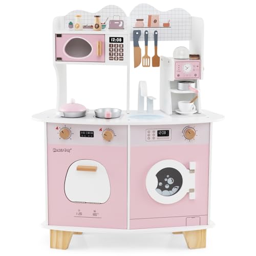 DREAMADE Kinderküche, Kinder Küche mit Kaffeemaschine Waschmaschine Mikrowelle, Mini Holzküche, Spielküche mit 15 TLG. Zubehör für Kleinkinder ab 3 Jahren von DREAMADE