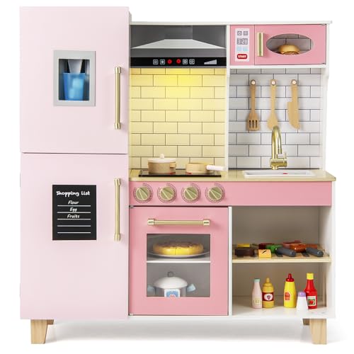 DREAMADE Kinderküche Holz mit 10 TLG. Zubehör, Holzküche Kinder Küche mit Herd Dunstabzugshaube Eismaschine Ofen, Spielküche mit Licht und Sound für Kinder ab 3 Jahren, Rosa + Weiß von DREAMADE