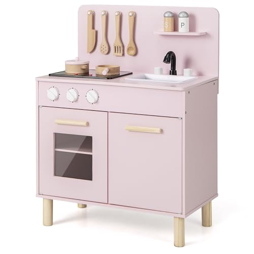 DREAMADE Kinderküche Holz mit 10 TLG. Zubehör, Kinder Küche mit Waschbecken Herd Backoffen, Mini Holzküche, Spielküche mit Licht und Geräuschen für Kleinkinder ab 3 Jahren (Rosa) von DREAMADE