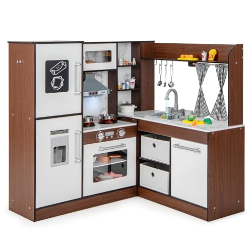 DREAMADE Kinderküche Holz mit 20 TLG. Spielzubehör, Kinder Küche Holzküche Eckküche mit Tafel Herd Spüle Backofen, Spielküche mit Licht und Sound für Kinder ab 3 Jahren von DREAMADE