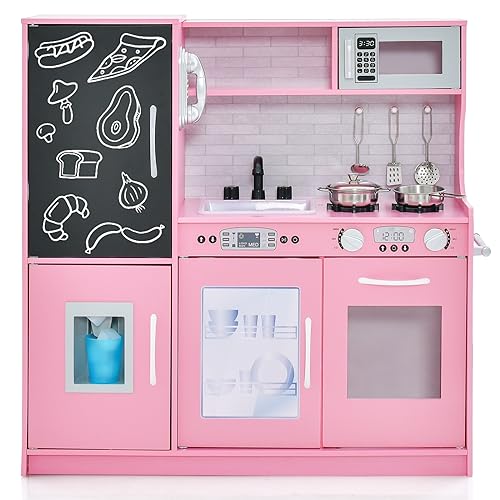 DREAMADE Kinderküche Holz mit Zubehör, Kinderspielküche Holzküche mit Herd Geschirrspüler Eismaschine Kühlschrank mit Tafel, Spielküche für Jungen und Mädchen ab 3 Jahren (Rosa) von DREAMADE