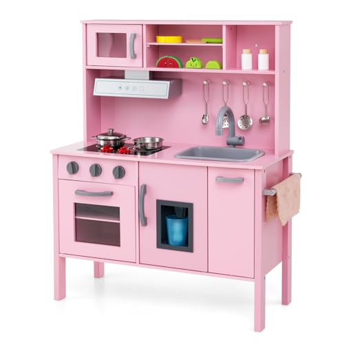 DREAMADE Kinderküche Holz mit Zubehör, Miniküche mit Mikrowelle Dunstabzugshaube Herd Spüle Backofen, Kinderspielküche Holzküche, Spielküche für Jungen und Mädchen ab 3 Jahren (Rosa) von DREAMADE