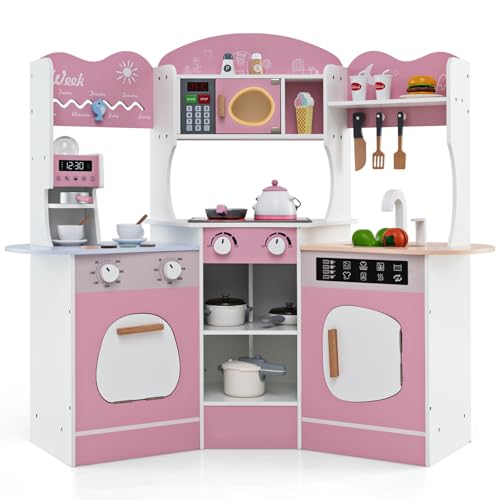 DREAMADE Kinderküche mit 18 TLG. Zubehör, Holzküche Eckküche mit Kaffeemaschine Herd Spüle Mikrowelle Ofen, Kinder Küche mit Licht und Sound, Spielküche Holz für Kinder ab 3 Jahren (Rosa) von DREAMADE