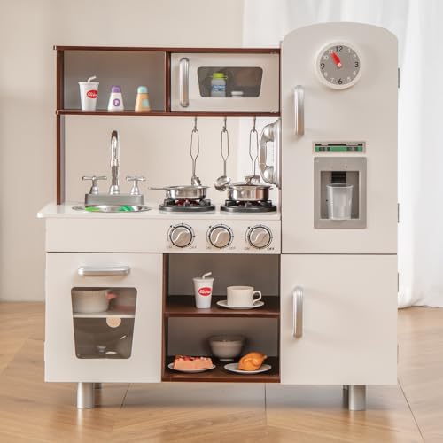 DREAMADE Kinderküche mit Licht und Sound, Kinder Spielzeugküche mit Spüle Herd Mikrowelle Kühlschrank Backofen, Kinderspielküche, Spielküche aus Holz mit Zubehör für Kinder ab 3 Jahren (Weiß + Braun) von DREAMADE