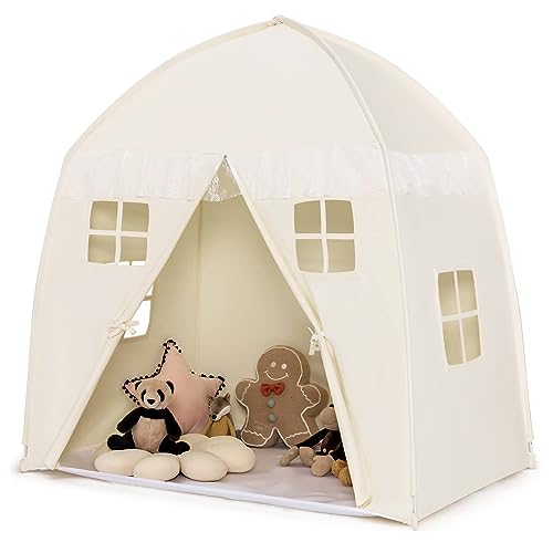 DREAMADE Kinderzelt für Drinnen, Kinder Spielhaus Indoor mit Tragetasche, Tipi Zelt Kinderzimmer Kinderspielzelt, Prinzessin Spielzelt für Kinder 143x100x155cm (Beige) von DREAMADE