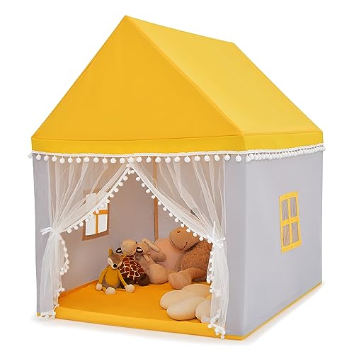 DREAMADE Kinderzelt für Drinnen, Kinder Spielhaus Indoor mit gepolsterter Matte & Massivholzrahmen & Fenstern, Spielzelt für Jungen und Mädchen 120x105x140cm (Gelb) von DREAMADE