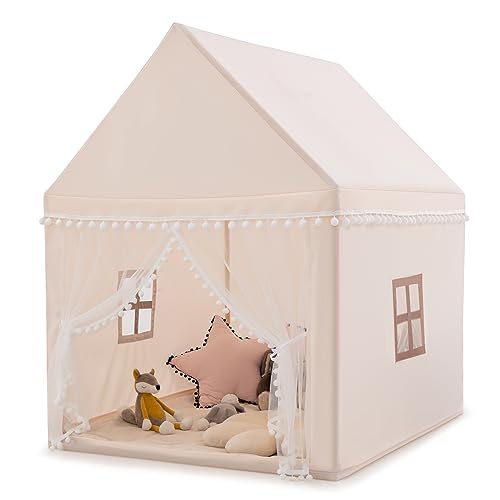 DREAMADE Kinderzelt für Drinnen, Kinder Spielhaus Indoor mit gepolsterter Matte & Massivholzrahmen & Fenstern, Tipi Zelt, Spielzelt für Jungen und Mädchen 120x105x140cm (Modell 1- Beige) von DREAMADE