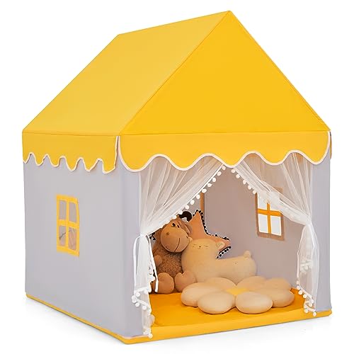 DREAMADE Kinderzelt für Drinnen, Kinder Spielhaus Indoor mit gepolsterter Matte & Massivholzrahmen & Fenstern, Tipi Zelt, Spielzelt für Jungen und Mädchen 120x105x140cm (Modell 2 - Gelb) von DREAMADE