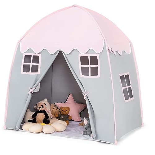 DREAMADE Kinderzelt für Drinnen, Kinder Spielhaus Indoor mit Tragetasche, Tipi Zelt Kinderzimmer Kinderspielzelt, Prinzessin Spielzelt für Kinder 143x100x155cm (Rosa) von DREAMADE