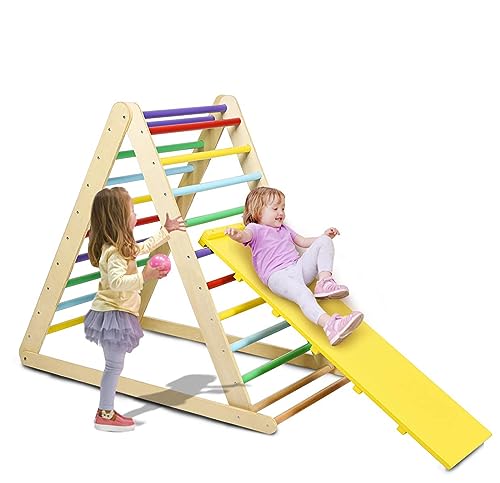 DREAMADE Kletterdreieck Sprossendreieck mit Rutschbrett, Indoor Klettergerüst klappbar für Kinder ab 3 Jahr, Kletterspielzeug Holzdreieck mit Mehrfarbigen Stufen, Klettergerät Dreieck aus Massivholz von DREAMADE