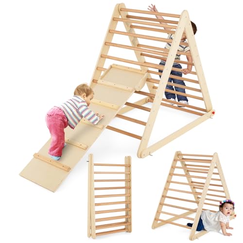 DREAMADE Kletterdreieck mit Rampe, klappbar Kletterspielzeug Holzdreieck aus Massivholz, Indoor Klettergerüst für Kinder ab 3 Jahren (Natur) von DREAMADE