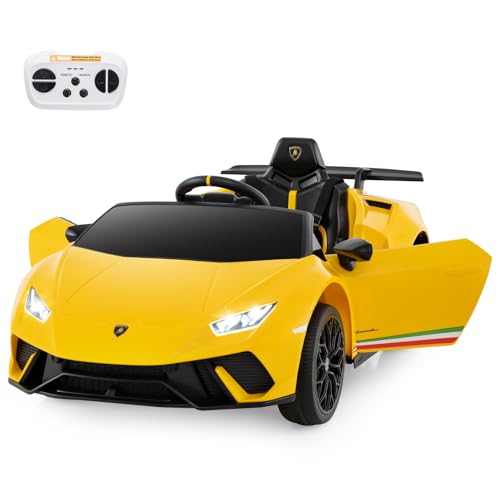 DREAMADE Lamborghini Kinder Elektroauto, 12V Kinderauto mit Fernbedienung, LED-Leuchten, Musik, Hupe, Softstart & Stoßdämpfern, Elektrofahrzeuge für Kinder ab 3 Jahre (Gelb) von DREAMADE