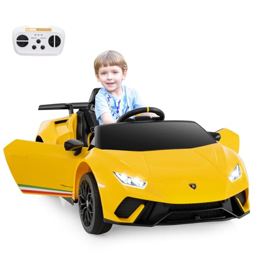 DREAMADE Lamborghini Kinder Elektroauto, 12V Kinderauto mit Fernbedienung, LED-Leuchten, Musik, Hupe, Softstart & Stoßdämpfern, Elektrofahrzeuge für Kinder ab 3 Jahre (Gelb) von DREAMADE