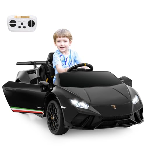 DREAMADE Lamborghini Kinder Elektroauto, 12V Kinderauto mit Fernbedienung, LED-Leuchten, Musik, Hupe, Softstart & Stoßdämpfern, Elektrofahrzeuge für Kinder ab 3 Jahre (Schwarz) von DREAMADE