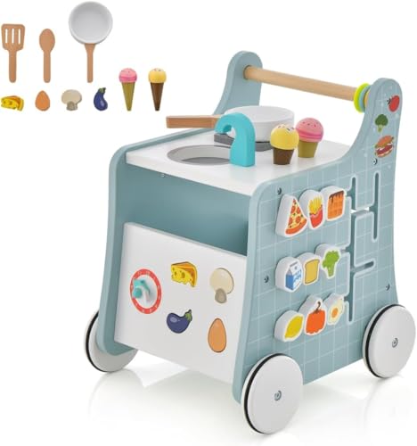 DREAMADE Lauflernwagen Holz, 6-in-1 hölzerne Lauflernhilfe, Baby Walker mit Blöcken & 9 Teilen Zubehör, Lernlaufwagen & Aktivitätszentrum, Kinderküche-Spielzeug für Kleinkinder ab 1 Jahren (Blau) von DREAMADE