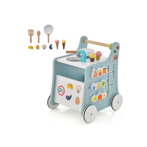 DREAMADE Lauflernwagen Holz, 6-in-1 hölzerne Lauflernhilfe, Baby Walker mit Blöcken & 9 Teilen Zubehör, Lernlaufwagen & Aktivitätszentrum, Kinderküche-Spielzeug für Kleinkinder ab 1 Jahren (Blau) von DREAMADE