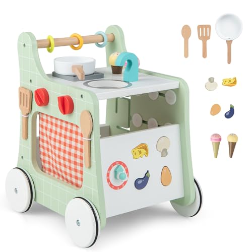 DREAMADE Lauflernwagen Holz, 6-in-1 hölzerne Lauflernhilfe, Baby Walker mit Blöcken & 9 Teilen Zubehör, Lernlaufwagen & Aktivitätszentrum, Kinderküche-Spielzeug für Kleinkinder ab 1 Jahren (Grün) von DREAMADE