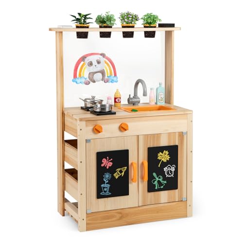 DREAMADE Matschküche Kinder Outdoor, Kinderküche mit Tafel & Acryl-Tafel & Pflanzentöpfen & Herd & Spüle, Outdoor Küche aus Tannenholz mit 10 TLG. Zubehör von DREAMADE