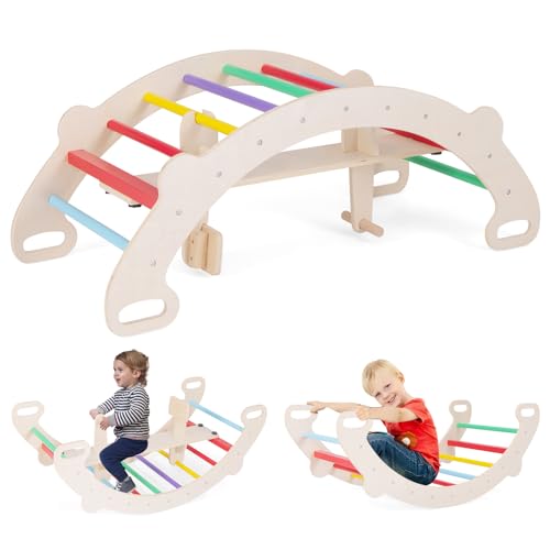 DREAMADE Montessori Kletterbogen & Bogenwippe, Indoor Spielplatz, Regenbogen aus Holz, Klettergerüst Indoor für Kinder ab 1 Jahr von DREAMADE