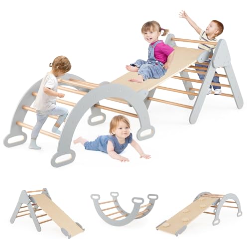 DREAMADE Montessori Kletterdreieck mit Kletterbogen und Rutsche, Holzdreieck für Kleinkinder ab 1 Jahre, Kletterspielzeug, Indoor Klettergerüst Rutschen und Klettern (Grau) von DREAMADE