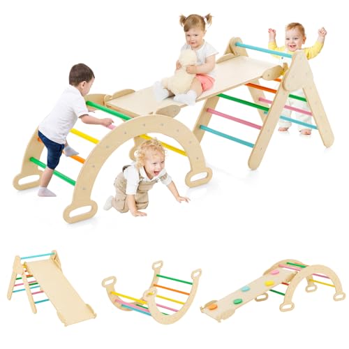 DREAMADE Montessori Kletterdreieck mit Kletterbogen und Rutsche, Indoor Klettergerüst für Kleinkinder ab 1 Jahre, Kletterspielzeug, Indoor Klettergerüst zum Rutschen und Klettern (Bunt) von DREAMADE