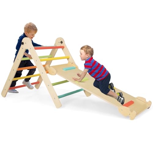 DREAMADE Montessori Klettergerüst Indoor, Holzdreieck Kletterspielzeug aus Holz, Kletterdreieck mit 2-seitiger Rutsche zum Rutschen und Klettern für Kinder ab 3 Jahren (Bunt) von DREAMADE