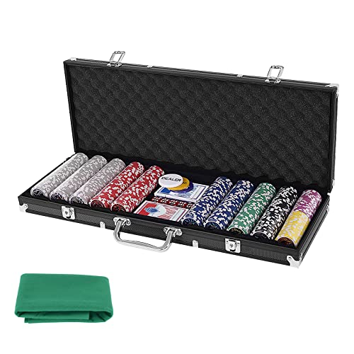 DREAMADE Pokerset mit 500 Laser Pokerchips & Aluminiumkoffer & 2 Kartendecks & 5 Würfel & 3 Dealer Button & Tischtuch, Profi Pokerspiel, Poker Set (Schwarz) von DREAMADE