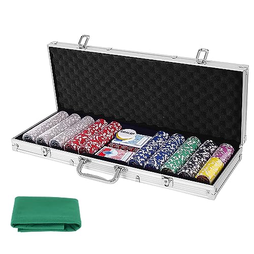 DREAMADE Pokerset mit 500 Laser Pokerchips & Aluminiumkoffer & 2 Kartendecks & 5 Würfel & 3 Dealer Button & Tischtuch, Profi Pokerspiel, Poker Set (Silber) von DREAMADE