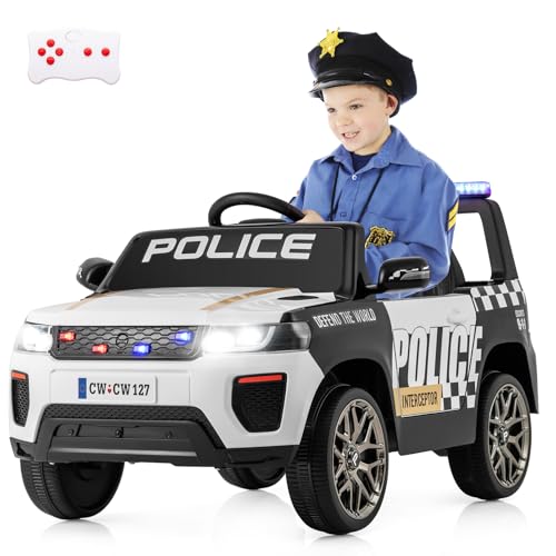 DREAMADE Polizei Elektroauto für Kinder, 12V Kinder Elektroauto mit Fernsteuerung & Musik & LED-Licht & Sirene & Hupe & USB, Elektrofahrzeug Elektrisches Auto für Kinder ab 3 Jahren, Weiß von DREAMADE