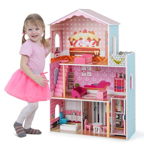 DREAMADE Puppenhaus Holz, 3-stöckiges & Großes Dollhouse mit 5 Zimmern & 8 Möbeln, Zubehör & niedlichen Tapeten, Puppenvilla Puppenstube Holzspielzeug rosa Spielzeug für Kinder ab 3 Jahren von DREAMADE