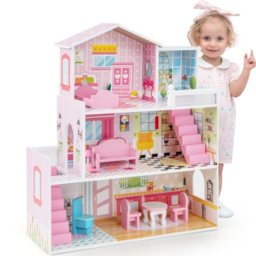 DREAMADE Puppenhaus Holz, 3-stöckiges & Großes Dollhouse mit 5 Zimmern & Möbeln, Zubehör & 2 Treppen & niedlichen Tapeten, Puppenvilla Puppenstube Holzspielzeug rosa Spielzeug für Kinder ab 3 Jahren von DREAMADE