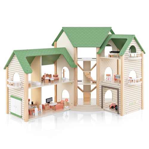 DREAMADE Puppenhaus aus Holz, 3 Etagen & Großes Dollhouse mit 7 Räumen & 36/42 Möbelzubehörteilen, Puppenhaus für Kinder ab 3 Jahre (Grün,87x83cm) von DREAMADE