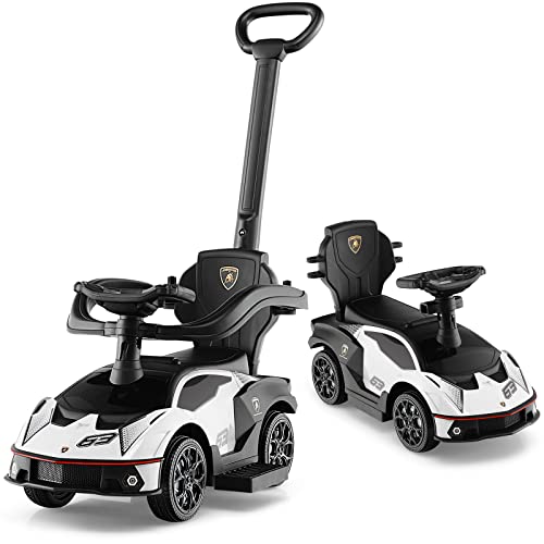 DREAMADE Rutschauto Lamborghini, 3 in 1 Rutschfahrzeug mit Schiebestange, Hupe, Stauraum & Verstellbarer Fußablage, Schiebeauto für Kinder 12-36 Monate von DREAMADE