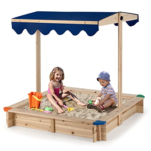 DREAMADE Sandkasten 121 x 121 x 120 cm, Sandkasten aus Holz mit höhenverstellbarem & drehbarem Sonnenschutzdach, viereckiger Tannenholz-Sandkiste, Kinderspielplatz für Garten, Zuhause, Strand von DREAMADE