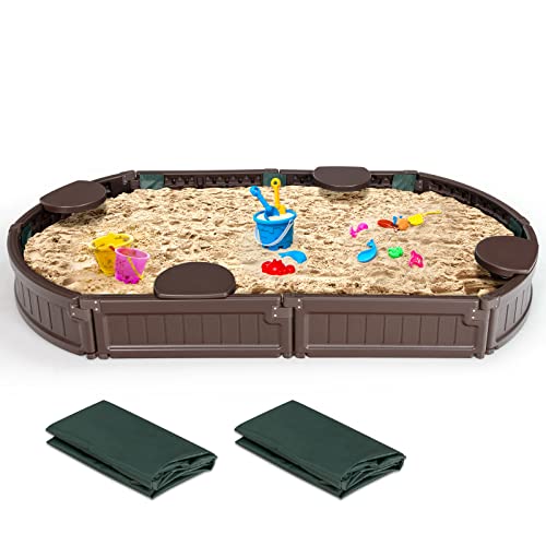 DREAMADE Sandkasten mit Abdeckung und Bodenplane, Sandbox mit Sitzecken, Sandkiste für Kinder für Garten Outdoor (Oval) von DREAMADE