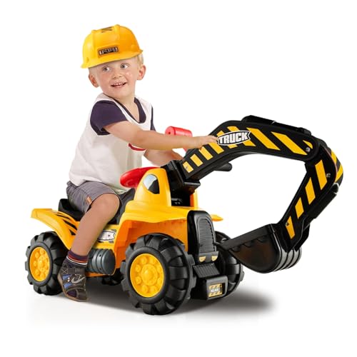 DREAMADE Bagger zum draufsitzen, Sitzbagger mit Schaufel & Helm & 3 Spiel-Steine, Aufsitzbagger mit Hupe & Stauraum, Sandbagger Rutscher Rutscherfahrzeug für Kinder ab 3 Jahren von DREAMADE