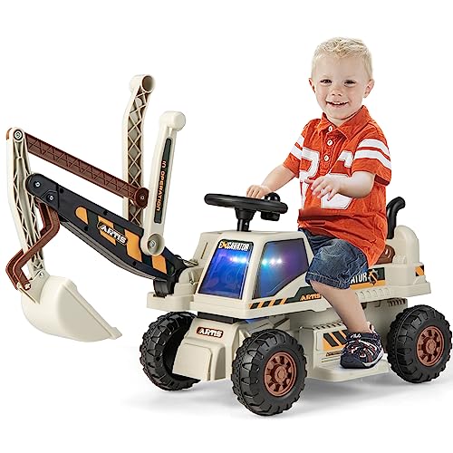 DREAMADE Sitzbagger für Kinder mit Schaufel, Kinderbagger zum draufsitzen mit eingebautem Ablagefach, Sandbagger Schaufelbagger, Aufsitzbagger mit Licht Musik Hupe, für Kinder ab 3 Jahren (Grau) von DREAMADE