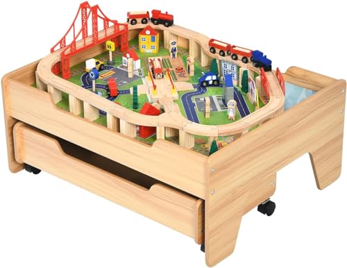 DREAMADE Spieltisch aus Holz, 100-teiliges Eisenbahn-Set, Holzeisenbahn mit Schienen, umkehrbarer & abnehmbarer Tischplatte, großer Aufbewahrungsschublade, Spielzeug für Kinder ab 3 Jahre (100-teilig) von DREAMADE