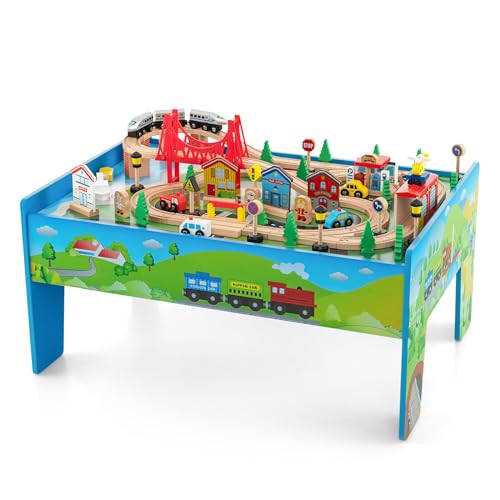 DREAMADE Spieltisch aus Holz, 80-teiliges Eisenbahn-Set, Holzeisenbahn mit Schienen, umkehrbarer und Abnehmbarer Tischplatte, Spielzeug für Kinder ab 3 Jahre (80-teilig) von DREAMADE