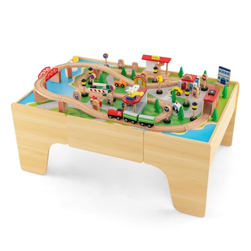 DREAMADE Spieltisch aus Holz, 84-teiliges Eisenbahn-Set, Holzeisenbahn mit Schienen, umkehrbarer und abnehmbarer Tischplatte, großer Aufbewahrungsschublade, Spielzeug für Kinder ab 3 Jahre (84-teilig) von DREAMADE