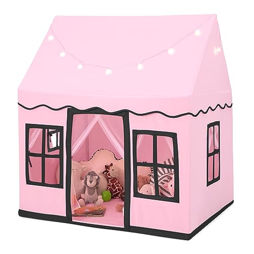 DREAMADE Spielzelt für Kinder mit Lichterkette und gepolsterter Matte, Tipi Zelt Kinder Spielhaus mit Fenstern, Kinderzelt für Jungs und Mädchen, für Indoor und Outdoor (Pink) von DREAMADE