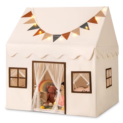 DREAMADE Spielzelt für Kinder mit Lichterkette und gepolsterter Matte, Tipi Zelt Kinder Spielhaus mit Fenstern, Kinderzelt für Jungs und Mädchen für Indoor und Outdoor (Beige+Braun) von DREAMADE