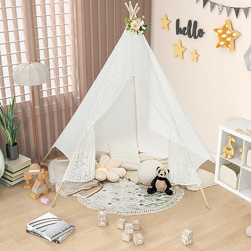 DREAMADE Tipi Zelt für Kinder, Kindertipi Spielhaus Kinder Indoor Spielzelt, Kinderzelt für Drinnen mit LED-Lichtern & massivem Holzrahmen für Kinder ab 3 Jahren von DREAMADE