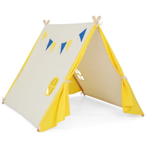 DREAMADE Tipi Zelt für Kinder mit Flaggenkette, Kinder Spielhaus Indoor mit Massivholzrahmen, Tipizelt Spielzelt Kinderzelt für Jungen und Märchen, 137 x 145 x 121 cm Beige von DREAMADE