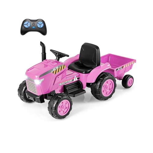 DREAMADE Traktor mit Anhänger, 12V Kindertraktor mit Fernsteuerung, Musik, USB, Lichtern & Hupe, Traktor Kinder zu Fahren, Elektrotraktor für Kinder ab 3 Jahren (Rosa-Lila) von DREAMADE