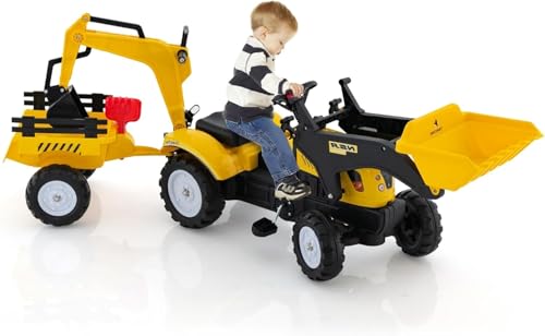 DREAMADE Trettraktor, Kindertraktor mit Anhänger & Schaufel & Frontlader, Kinderbagger Sitzbagger mit Hupe & Rechen, Tretfahrzeug für Kinder ab 3 Jahren (Gelb) von DREAMADE