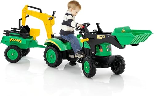 DREAMADE Trettraktor, Kindertraktor mit Anhänger & Schaufel & Frontlader, Kinderbagger Sitzbagger mit Hupe & Rechen, Tretfahrzeug für Kinder ab 3 Jahren (Grün) von DREAMADE