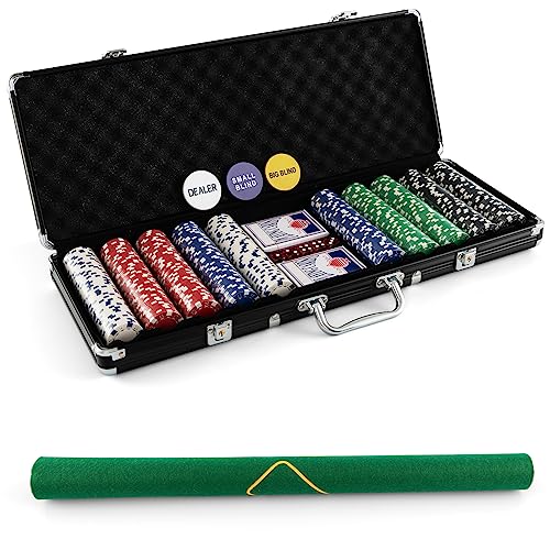 DREAMADE Ultimate Pokerset mit 500 Chips/ 2 Poker Set/ 5 Würfel/Koffer/Spieltuch/ 5 Dealer Buttons, Pokerset Koffer Profi für Pokerspiel (Schwarz) von DREAMADE